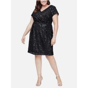SLNY Black Sequin V Neck Short Sleeve Knee Length Cocktail Event Dress Sz 18 W